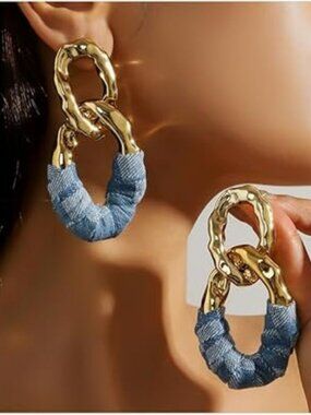 New - Boho Chunky Gold  and Denim Combo Earrings Statement Earrings Exaggerated